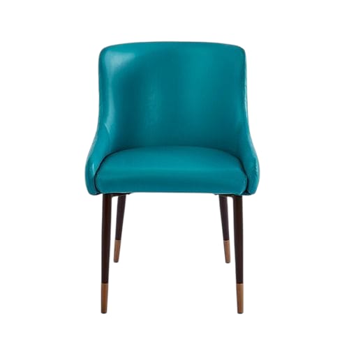 Teal color restaurant chair with black legs and gold caps