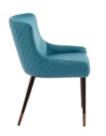 Teal color restaurant chair with black legs and gold caps