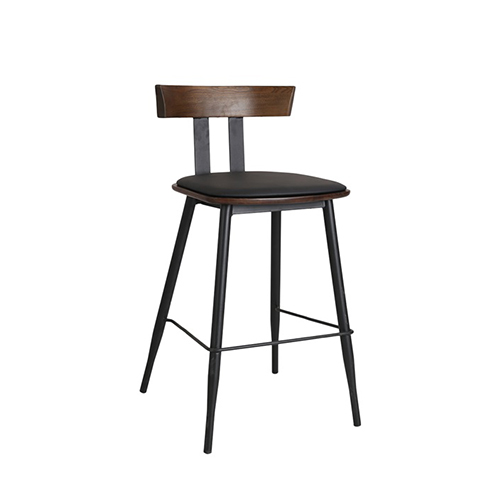 Indoor Black Metal Chair with Walnut Elmwood Back and Black Vinyl Seat