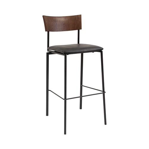 Industrial Style Black Metal Chair with Walnut Elmwood Back and Black Vinyl Seat