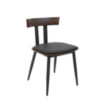 Indoor Black Metal Chair with Walnut Elmwood Back and Black Vinyl Seat