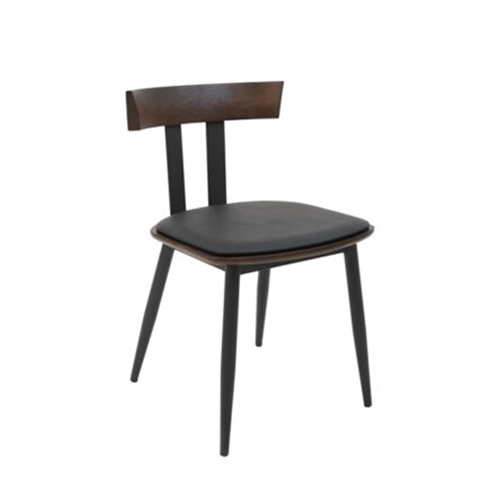 Indoor Black Metal Chair with Walnut Elmwood Back and Black Vinyl Seat