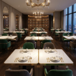 White Stone Table Top With Gold Frame in Stainless Steel For Restaurants