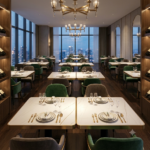 White Stone Table Top With Gold Frame in Stainless Steel For Restaurants