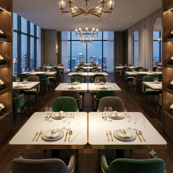 White Stone Table Top With Gold Frame in Stainless Steel For Restaurants