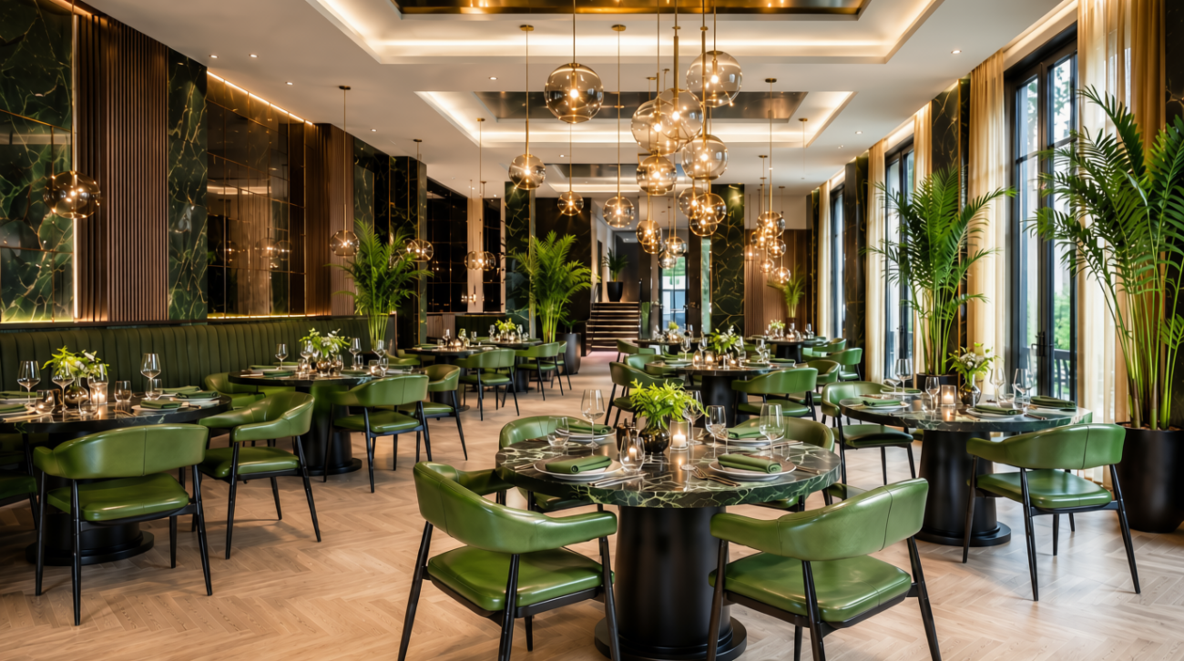 Green Restaurant Chair with Black Metal Frame