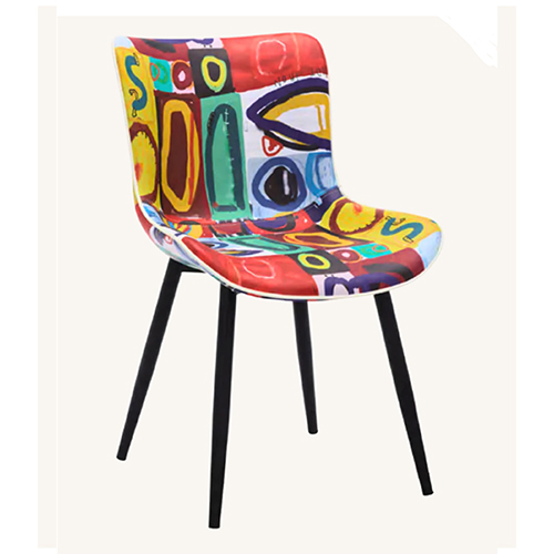 Indoor Modern Upholstered Chair with Unique Colorful Pattern and Black Metal Legs