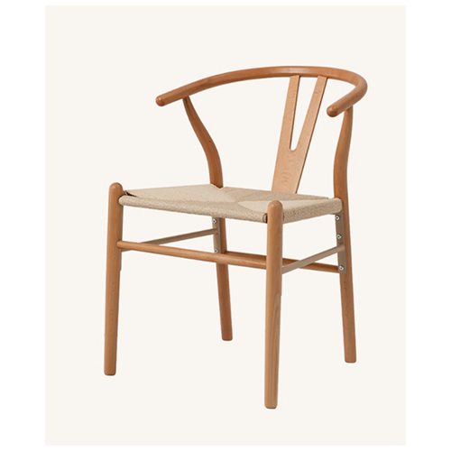 Indoor Natural Beech Wood Dining Chair with Curved Backrest and Handwoven Rattan Seat