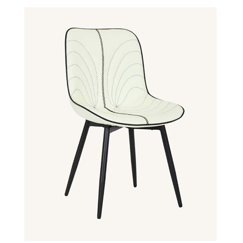 Indoor White Upholstered Chair with Black Trim and Patterned Detailing on Sleek Black Metal Legs