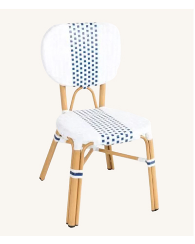 Aluminum Natural Finish Rattan Chair with White and Blue Woven Design