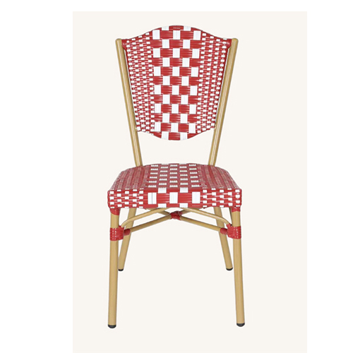 Aluminum Natural Finish Rattan Chair with Red and White Woven Design