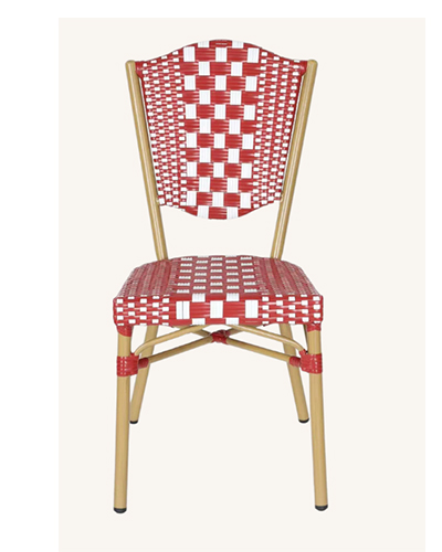 Aluminum Natural Finish Rattan Chair with Red and White Woven Design