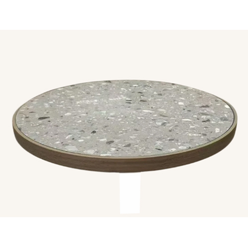 Terrazzo-Style Sintered Stone Table Top with Wooded Finish Stainless Steel Edge