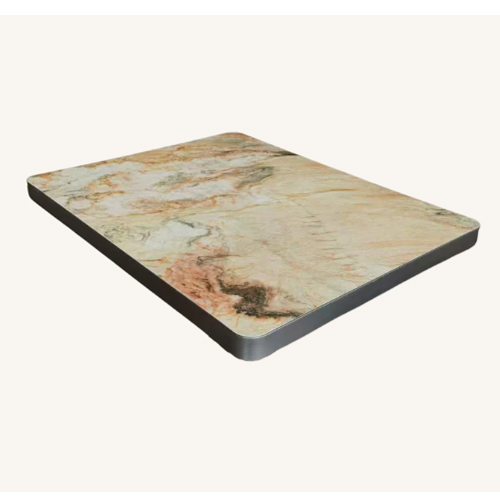 Beige Marble-Style Sintered Stone Table Top with Sleek Stainless Steel Edge