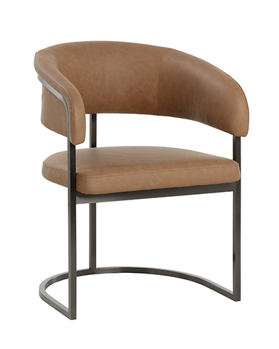Gunmetal Stainless Steel Armchair with Brown Faux Leather Seat and Curved Backrest