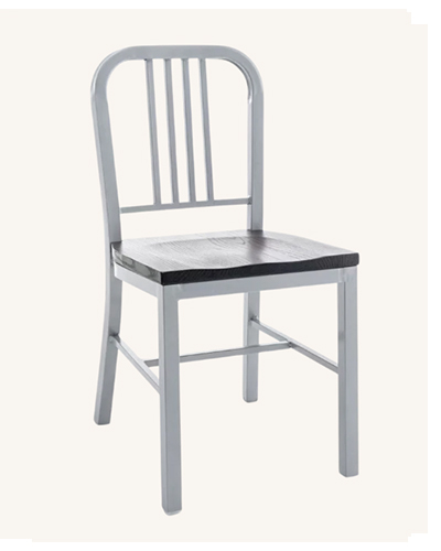 Indoor/Outdoor Silver Metal Chair with Vertical Slat Back and Wooden Seat