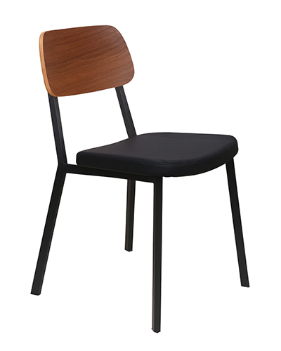 Black Steel Stackable Chair with Walnut Veneer on Plywood Back and Black Vinyl Seat