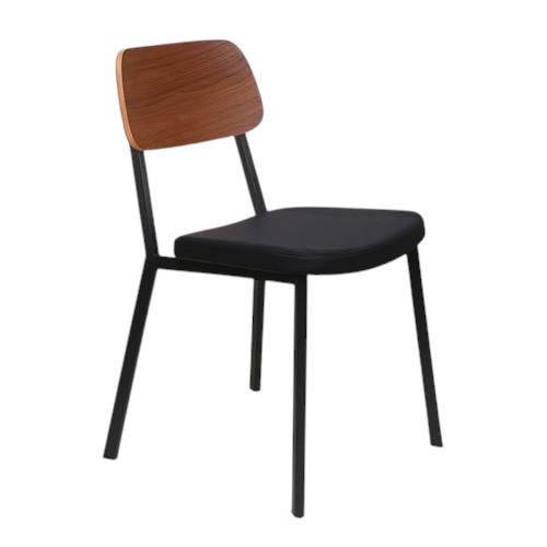Black Steel Stackable Chair with Walnut Veneer on Plywood Back and Black Vinyl Seat