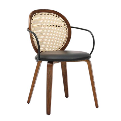 Indoor Farmhouse Dining Solid Bentwood Armchair with Black Faux Leather Seat and Faux Rattan Backrest