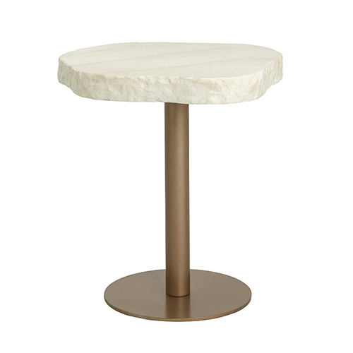 Indoor/Outdoor Round Concrete Table with Cream Travertine-Look Top and Antique Bronze Powder-Coated Steel Base
