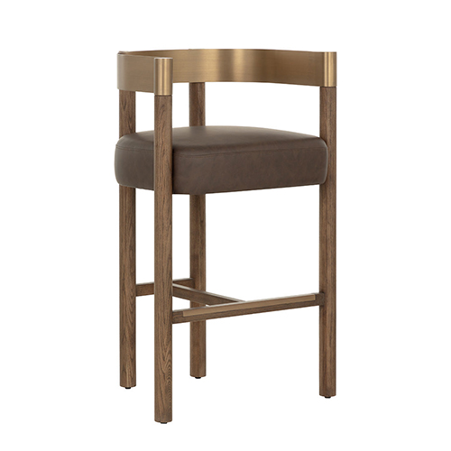 Chocolate Ash Wood Frame with Espresso Faux Leather Seat and Curved Antique Brass Stainless Steel Backrest