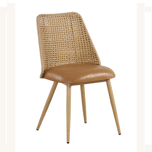 Outdoor/Indoor Metal Chair with Angled Plastic Rattan Back and Tan Vinyl Seat