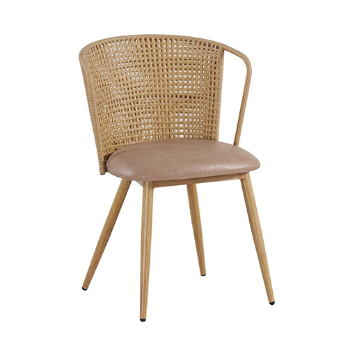 Outdoor/Indoor Chair with Curved Open Side Plastic Rattan Back and Tan Vinyl
