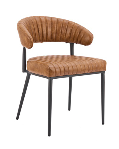 Camel Brown Vinyl Upholstered Dining Chair with Ribbed Cushioning and Black Powder-Coated Metal Frame