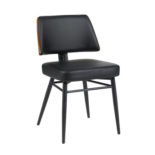 Indoor Black Metal Chair with Upholstered Seat and Walnut Veneer Outer Back