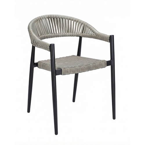 Indoor/Outdoor Black Aluminum Armchair with Light Gray Poly Woven Seat and Back