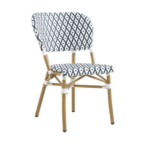 Indoor/Outdoor Bamboo-Style Aluminum Bistro Chair with Navy Blue and White Woven Seating