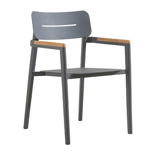 Indoor/Outdoor Aluminum Arm Chair in Dark Gray with Teak Wood Armrest Accents
