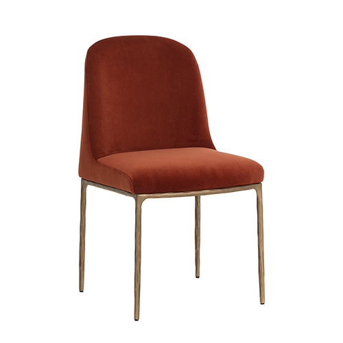 Contemporary Dining Chair in Rust Fabric Seat and Back with Hammered Antique Brass Steel Frame