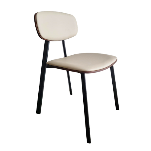Indoor Black Metal Dining Chair in Greige Vinyl Seat and Back with Plywood Outer Panel
