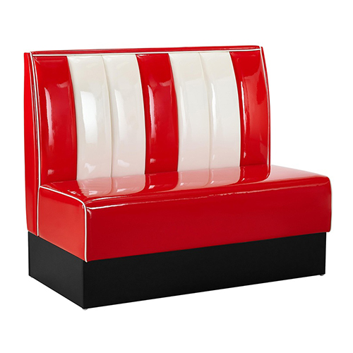 Retro Diner Booth in Red and White Vinyl Upholstery with Channel Tufted Back and Wood Base