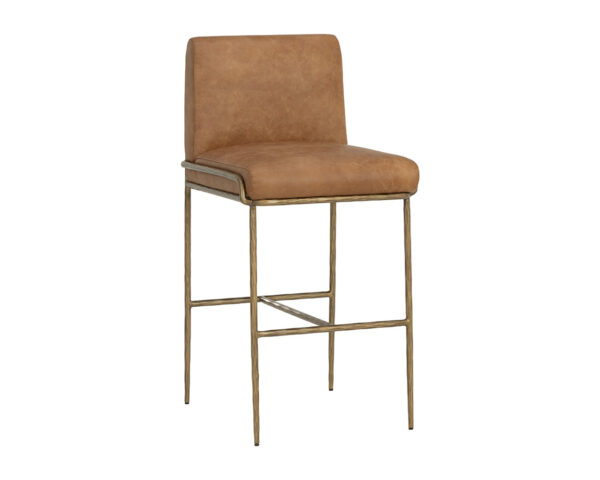 Handcrafted Barstool with Antique Iron Base and Tan Leather Seat
