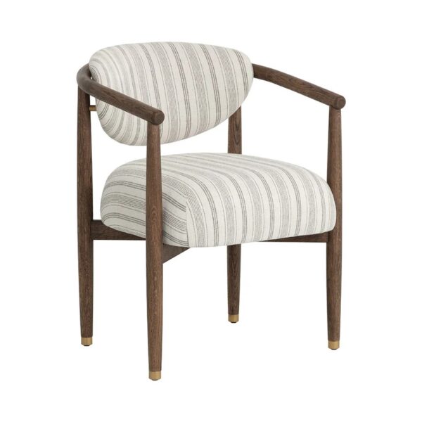 Sculptured Dining Armchair, Oak Frame with Striped Upholstery and Modern Metal Accents
