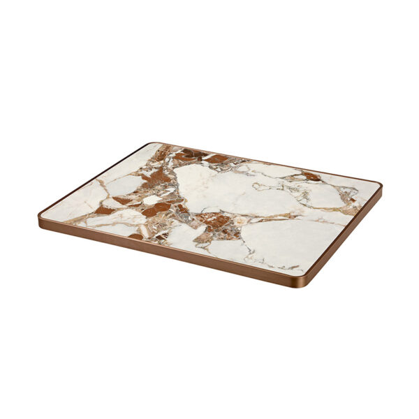 Indoor White with Brown and Amber Veining Sintered Stone Table Top with Bronze Aluminum Edge