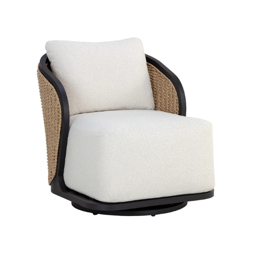 Indoor/Outdoor Swivel Aluminum Frame Barrel Lounge Chair with Woven Wicker and Cream Bouclé Performance Fabric