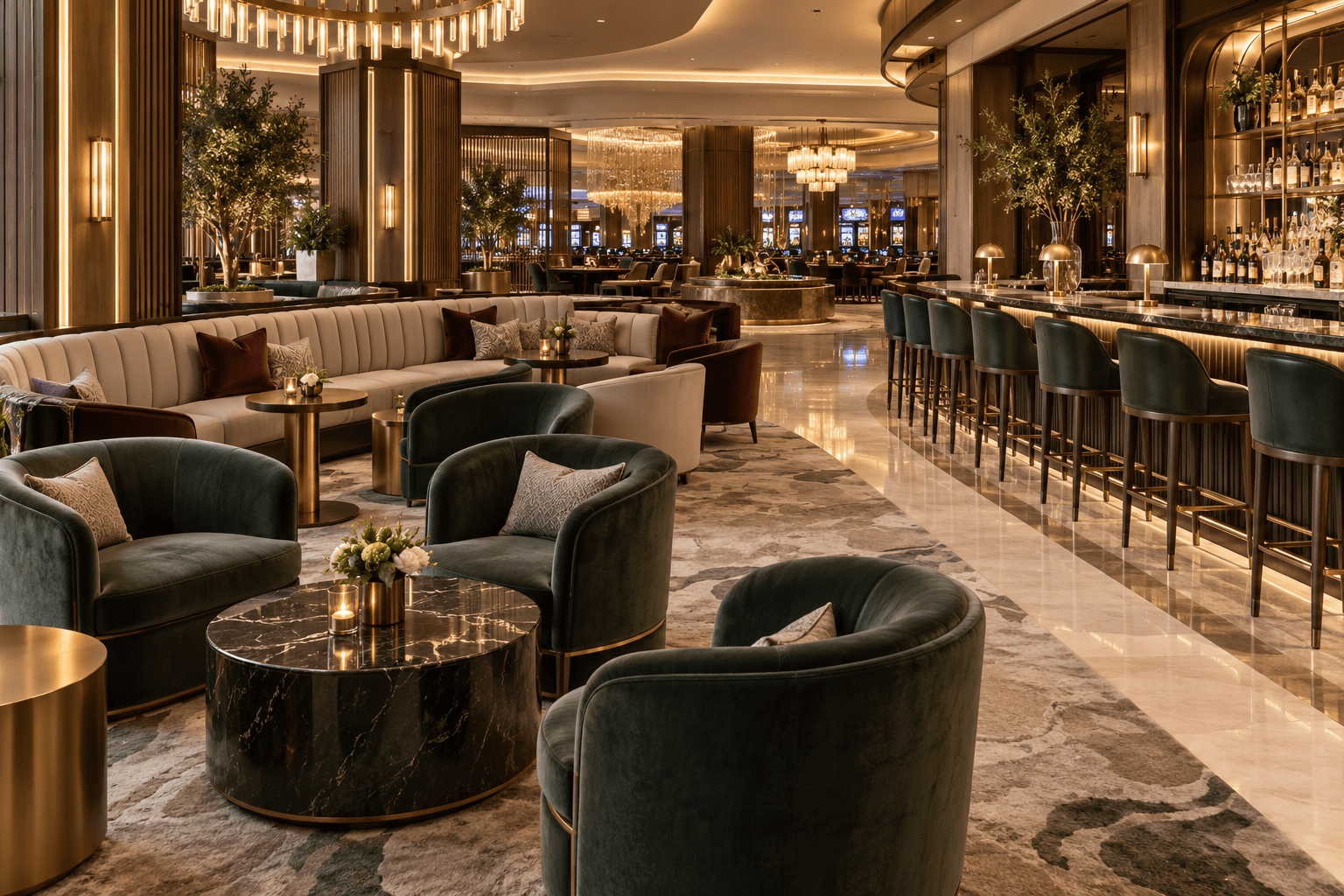 Casino lounge concept with commercial seating, bar stools, tables and decorative lighting