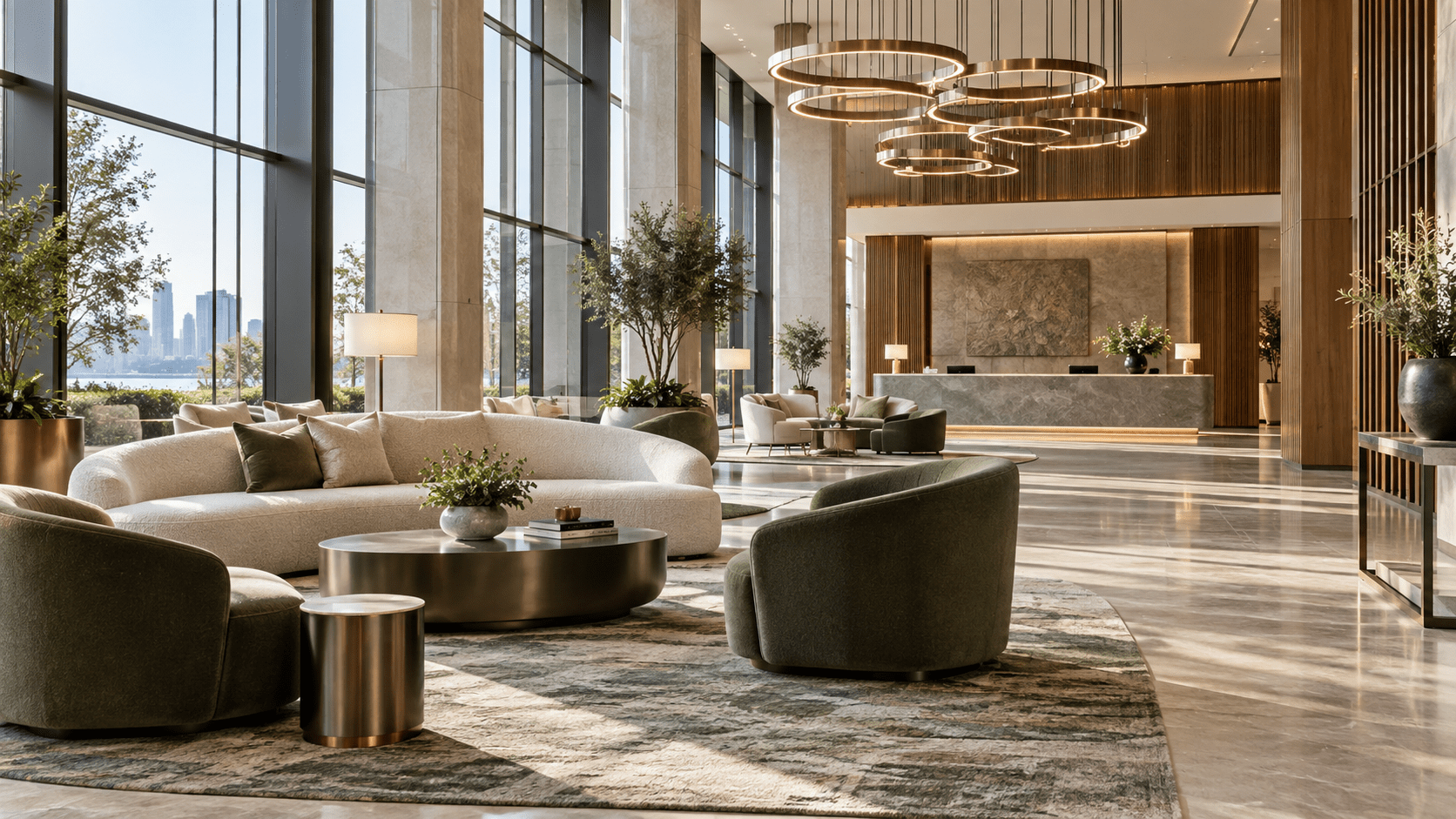 Luxury hotel lobby concept with contract-grade lounge furniture, custom tables and statement lighting