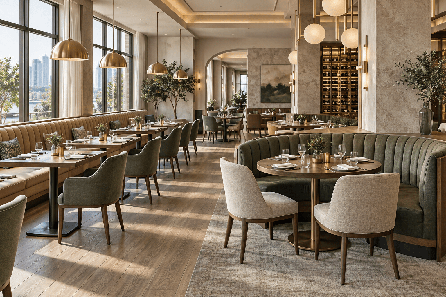 Hotel restaurant concept with commercial dining chairs, custom banquettes, tables and pendant lighting