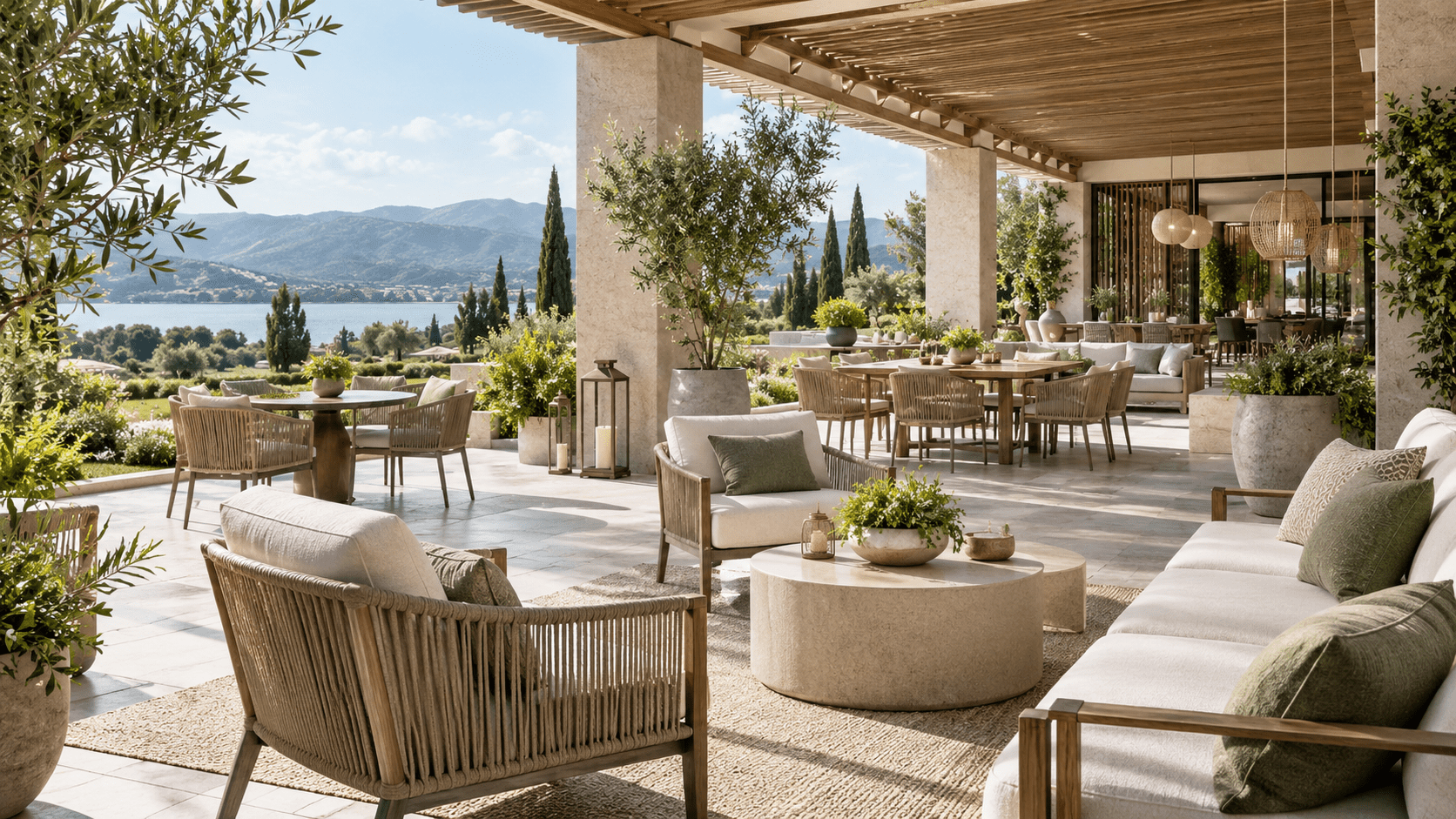 Resort terrace concept with contract-grade outdoor lounge seating and commercial dining furniture
