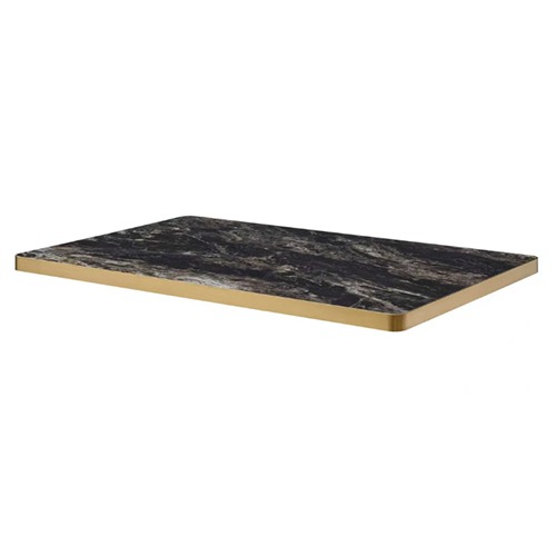 Black and Grey Marble-Inspired Pattern Sintered Stone Table Top with Gold Stainless Steel Edge